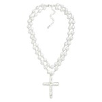 Wholesale layered Flat Pearl Link Necklace Hammered Metal Cross Pendant L Extend
