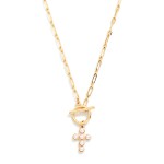 Wholesale paperclip Chain Link Necklace Pearl Studded Cross Toggle Clasp Pendant