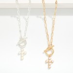 Wholesale paperclip Chain Link Necklace Pearl Studded Cross Toggle Clasp Pendant