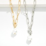 Wholesale metal Paperclip Chain Link Necklace Toggle Clasp Pearl Pendant L