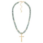 Wholesale faceted Glass Beaded Necklace Cross Pendant Gold Tones L