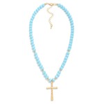 Wholesale faceted Glass Beaded Necklace Cross Pendant Gold Tones L