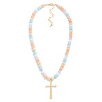 Wholesale faceted Glass Beaded Necklace Cross Pendant Gold Tones L