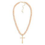 Wholesale faceted Glass Beaded Necklace Cross Pendant Gold Tones L