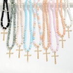 Wholesale faceted Glass Beaded Necklace Cross Pendant Gold Tones L