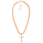 Wholesale faceted Glass Beaded Necklace Cross Pendant Gold Tones L