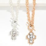 Wholesale double Link Chain Link Necklace Metal Cross Pendant Studded Edge L