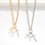 Wholesale half Box Chain Half Circle Link Necklace Pearl Metal Cross Pendants L