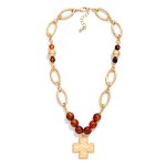 Wholesale marbled Acetate Bead Oval Link Necklace Hammered Metal Plus Cross Pend