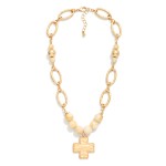 Wholesale marbled Acetate Bead Oval Link Necklace Hammered Metal Plus Cross Pend
