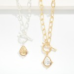 Wholesale ribbed Link Chain Link Necklace Textured Two Teardrop Pendant Metal Br