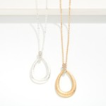 Wholesale chain Link Necklace Textured Metal Teardrop Pendant Rhinestone Details