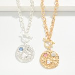 Wholesale toggle Medallion Necklace hammered coin pendant studded crystal stone