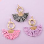 Wholesale raffia tassel earrings rattan woven circular accent stud post