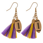 Wholesale raffia tassel drop earrings gold metal football accent