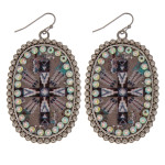 Wholesale metal drop earrings faux leather cross print center detail rhinestone