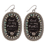 Wholesale metal drop earrings God my Father faux leather center detail rhineston