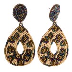 Wholesale seed beaded leopard print felt teardrop earrings