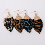 Wholesale doubled genuine leather animal print feather earrings