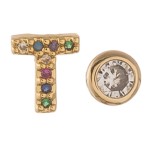 Dainty 16k Gold dip plated cubic zirconia initial T mix match stud earrings.

- Approximately 5mm 