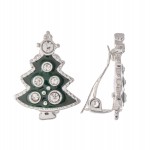 Enamel Coated Christmas Tree Clip On Earrings in Silver Featuring Rhinestone 

- Approximately .75" in Size