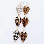 Wholesale metal Encased Genuine Leather Cheetah Print Inverted Teardrop Earrings