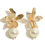 Wholesale metal Flower Drop Pearl Earrings Worn Finish Pearl mm Diameter Flower