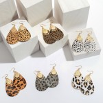 Wholesale genuine Leather Cheetah Print Teardrop Earrings Gold Metal Accent