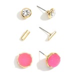Wholesale set Three Pairs Stud Earrings CZ Studs Long Gold Studs Long Druzy Stud