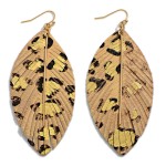 Wholesale gold Leather Animal Print Feather Drop Earrings Gold Wire Accents Long
