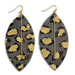 Wholesale gold Leather Animal Print Feather Drop Earrings Gold Wire Accents Long