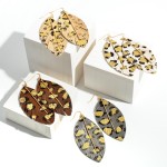 Wholesale gold Leather Animal Print Feather Drop Earrings Gold Wire Accents Long