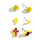 Wholesale set Three Stud Earrings Cross Rhinestone Animal Print Accents