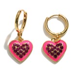 Gold Tone Huggie Hoop Earrings Featuring Enamel and Rhinestone Heart Charms

- Approximately 1.25" Long