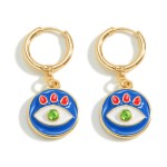 Gold Tone Huggie Hoop Earring With Enamel and Rhinestone Evil Eye Charm

- Approximately 1.25" Length