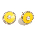 Gold Tone Enamel Stud Earrings Featuring Pearl and Rhinestone Accents

- Approximately .75" Diameter