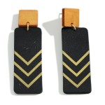 Wholesale statement Leather Wood Drop Earrings Gold Chevron Accent Long