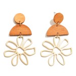 Wholesale gold Metal Flower Drop Earrings Solid Color Wooden Accents Long