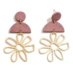 Wholesale gold Metal Flower Drop Earrings Solid Color Wooden Accents Long