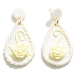 Teardrop Clay Earrings Featuring Rope Detail and Rose 

- Approximately 2.5" L