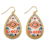 Wholesale aztec Printed Glass Crystal Teardrop Earrings Gold Accents Long