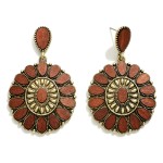 Wholesale western Teardrop earring Dark Brown Wood Gold Metal Accents long Circu