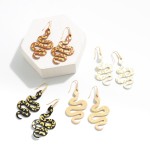 Gold Tone Leather Snake Drop Earrings Featuring Metallic Animal Print Design

- Approximately 2.75" L