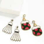 Seed Bead Badminton Birdie Drop Earrings Featuring Rhinestone Accents.

- Approximately 2.5" L