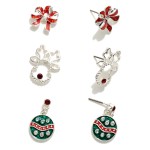 Wholesale set Three Christmas Ornament Reindeer Bow Stud Earrings L