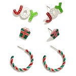 Set of Three Christmas Earrings Featuring "Joy" and Present Studs and Twisted Metal Hoops.

- Approximately .5" - 1" W