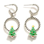 Twisted Silver Tone Huggie Hoop Drop Earrings Featuring Enamel Christmas Tree Charms.

- Approximately 1.25" L