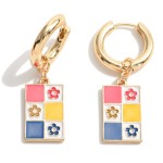 Wholesale huggie Hoop Earrings Enamel Checkered Flower Charms L