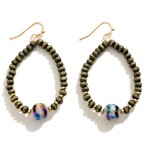 Wood Beaded Teardrop Earrings With Marbled  Accent Bead 

- Approximately 2" L

 