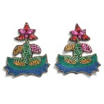 Seed Bead and Rhinestone Mardi Gras Post Drop Earrings.

- Approximately 2.5" L